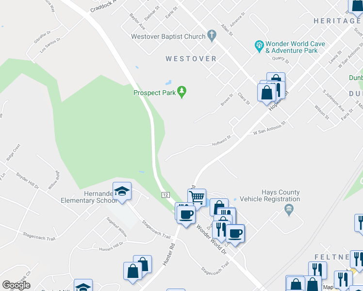 map of restaurants, bars, coffee shops, grocery stores, and more near 1712 Hofheinz Street in San Marcos