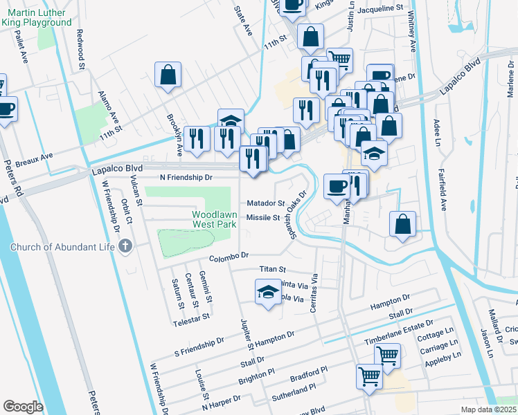 map of restaurants, bars, coffee shops, grocery stores, and more near 2149 Matador Street in Harvey