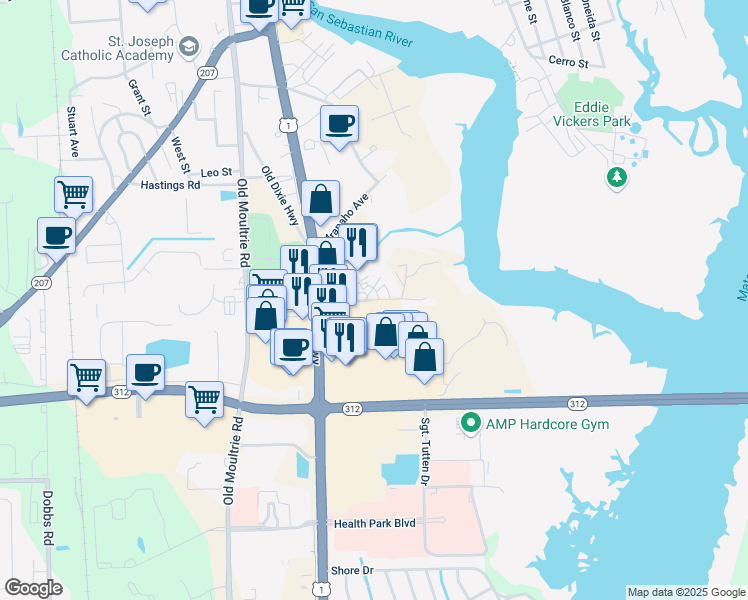 map of restaurants, bars, coffee shops, grocery stores, and more near Nix Boat Yard Road in St. Augustine