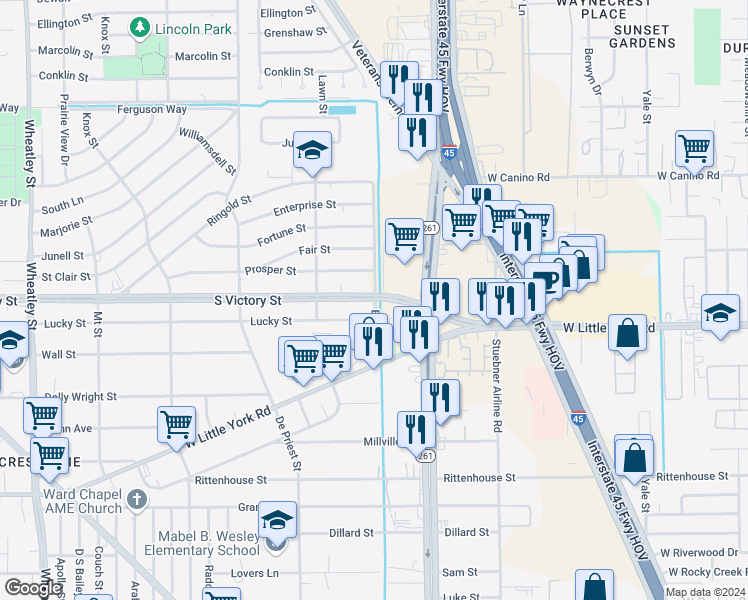 map of restaurants, bars, coffee shops, grocery stores, and more near 612 South Victory Drive in Houston