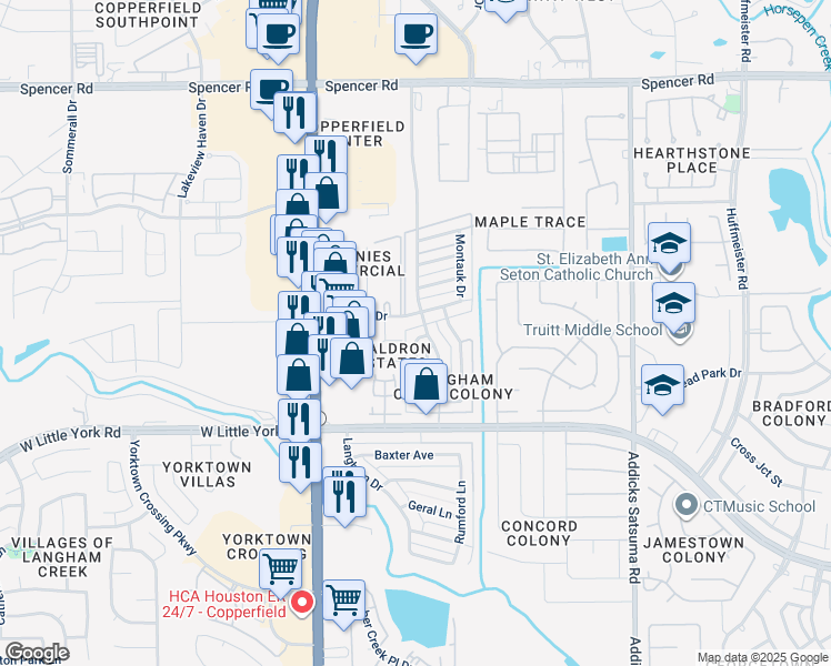 map of restaurants, bars, coffee shops, grocery stores, and more near 6523 Bosley Lane in Houston