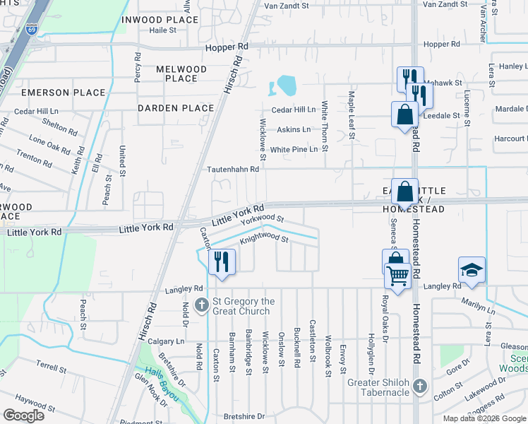 map of restaurants, bars, coffee shops, grocery stores, and more near 10730 Wicklowe St in Houston