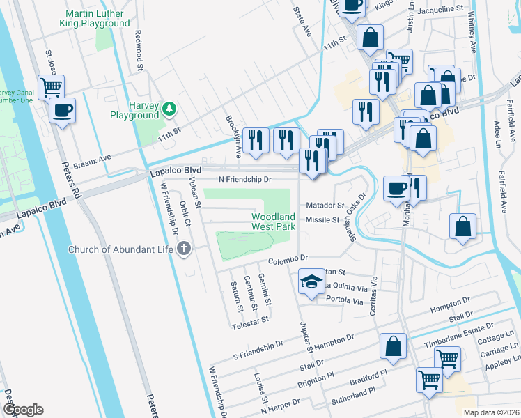 map of restaurants, bars, coffee shops, grocery stores, and more near 2245 Von Braun Court in Harvey