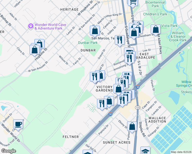 map of restaurants, bars, coffee shops, grocery stores, and more near 707 Railroad Street in San Marcos