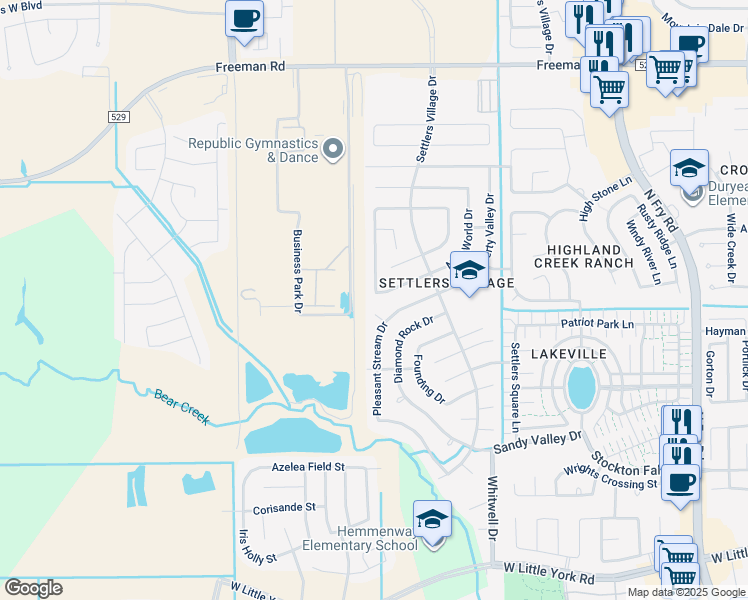 map of restaurants, bars, coffee shops, grocery stores, and more near 6402 New World Drive in Katy