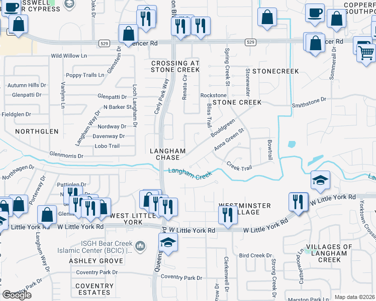 map of restaurants, bars, coffee shops, grocery stores, and more near 6514 Broken Stone in Houston