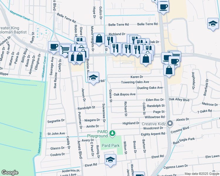 map of restaurants, bars, coffee shops, grocery stores, and more near 1960 Giaise Street in Marrero