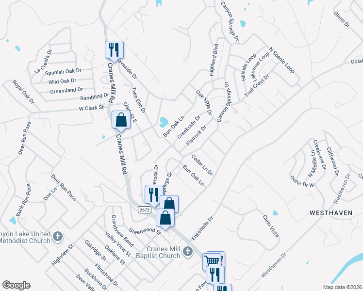 map of restaurants, bars, coffee shops, grocery stores, and more near 367 Flatrock Drive in Canyon Lake