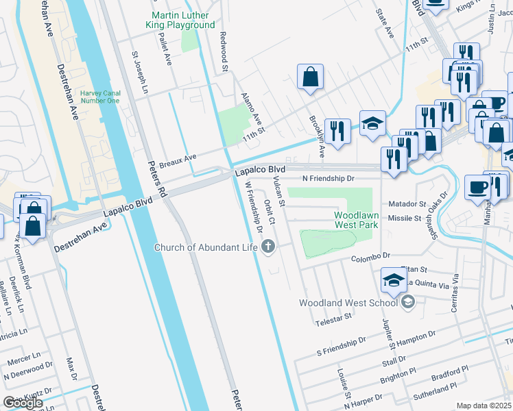 map of restaurants, bars, coffee shops, grocery stores, and more near 2521 West Friendship Drive in Harvey