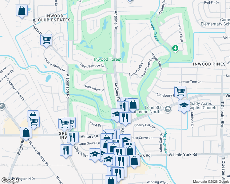 map of restaurants, bars, coffee shops, grocery stores, and more near 7435 Antoine Drive in Houston