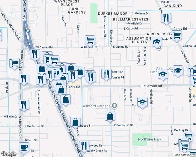 map of restaurants, bars, coffee shops, grocery stores, and more near 7521 Meadowview Drive in Houston