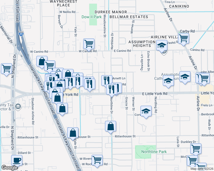map of restaurants, bars, coffee shops, grocery stores, and more near 7522 Meadowshire Street in Houston