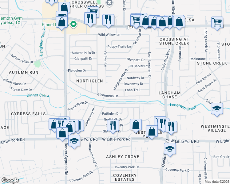 map of restaurants, bars, coffee shops, grocery stores, and more near 17519 Lobo Trail in Houston