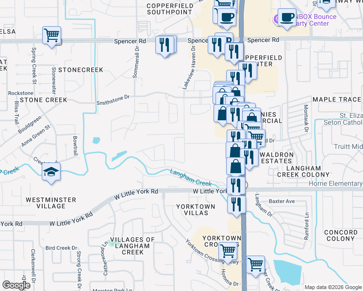map of restaurants, bars, coffee shops, grocery stores, and more near 6415 Lakeview Haven Drive in Houston