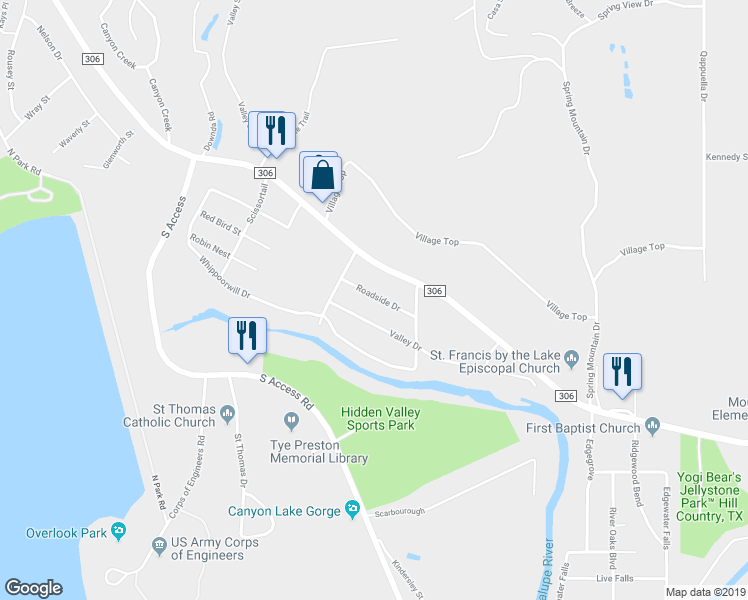 map of restaurants, bars, coffee shops, grocery stores, and more near 1606 Roadside Drive in Canyon Lake