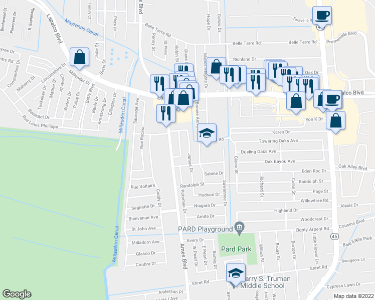 map of restaurants, bars, coffee shops, grocery stores, and more near 2016 James Drive in Marrero