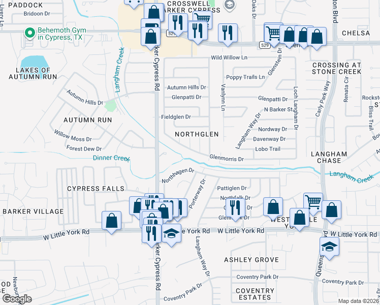 map of restaurants, bars, coffee shops, grocery stores, and more near 17731 Glenmorris Drive in Houston
