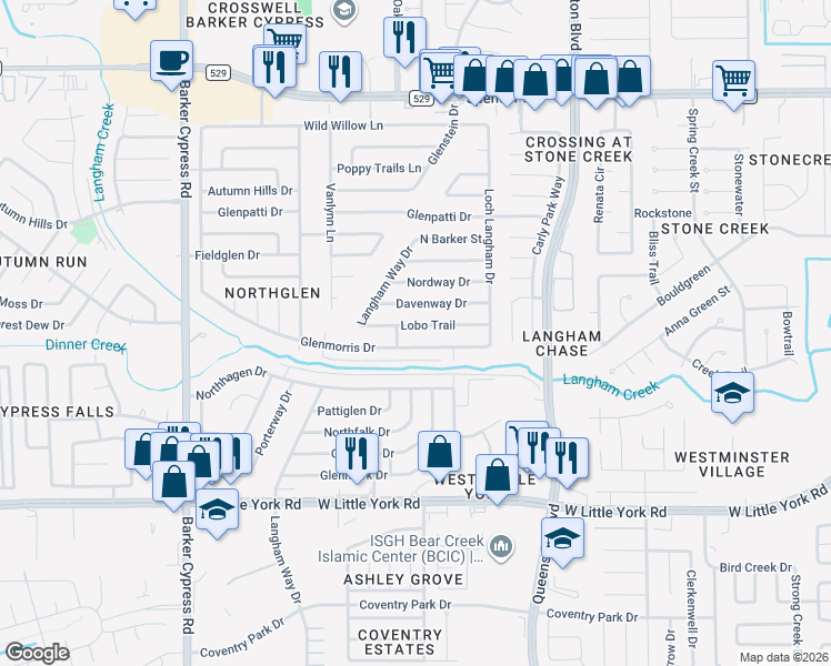 map of restaurants, bars, coffee shops, grocery stores, and more near 17439 Lobo Trail in Houston
