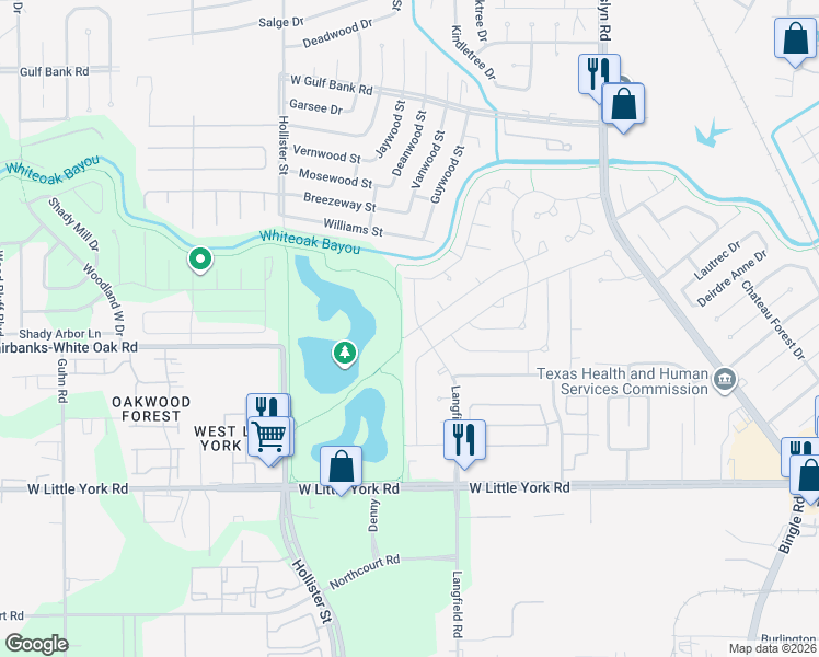 map of restaurants, bars, coffee shops, grocery stores, and more near 8903 Langfield Road in Houston