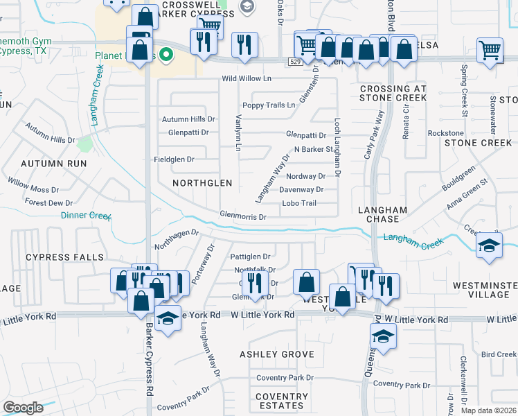 map of restaurants, bars, coffee shops, grocery stores, and more near 17519 Lobo Trail in Houston