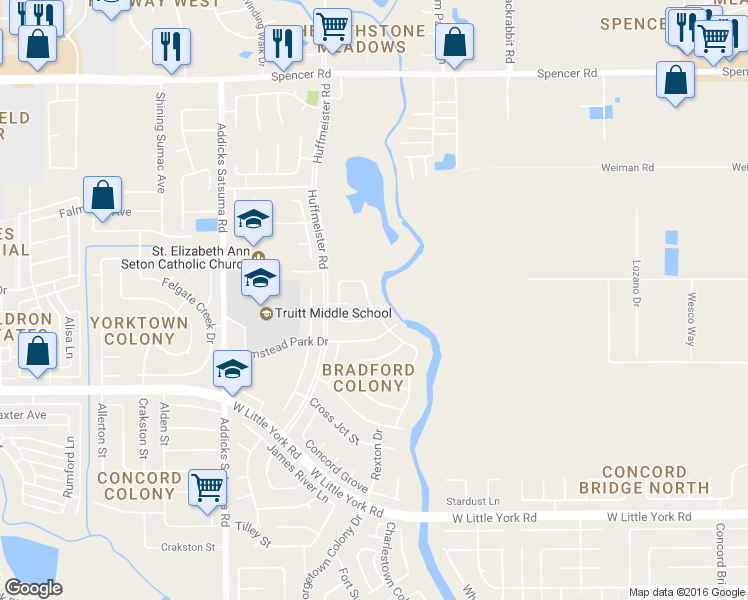 map of restaurants, bars, coffee shops, grocery stores, and more near 6526 Horsepen Bayou Drive in Houston