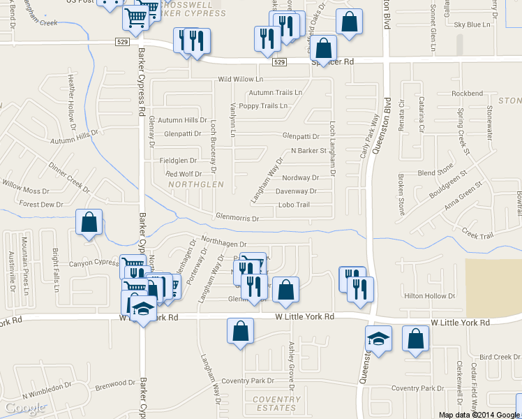 map of restaurants, bars, coffee shops, grocery stores, and more near 17519 Lobo Trail in Houston