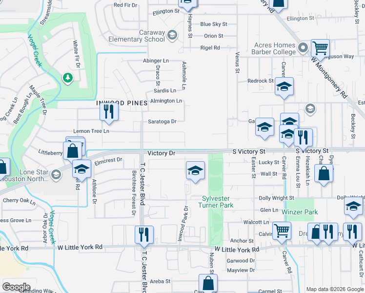 map of restaurants, bars, coffee shops, grocery stores, and more near 3403 Black Locust Drive in Houston