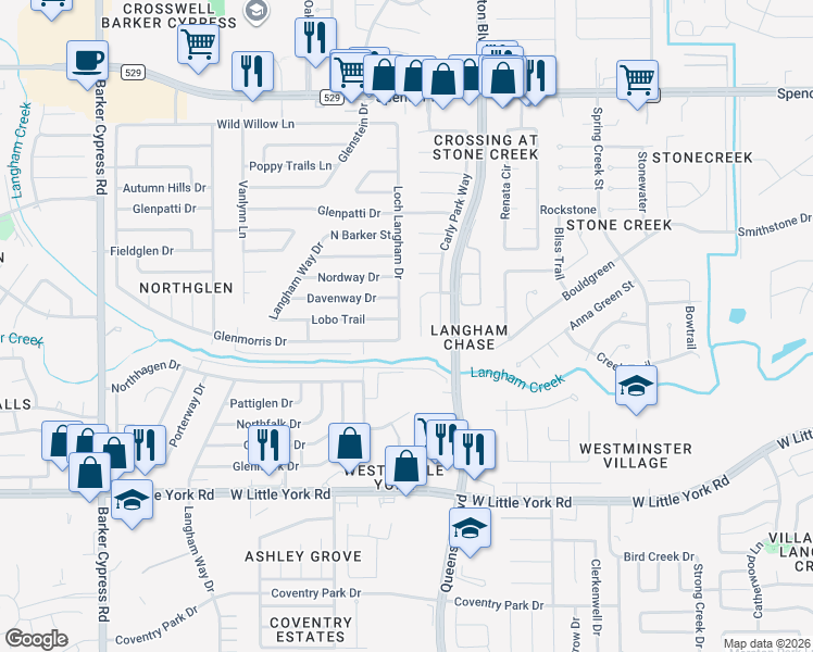 map of restaurants, bars, coffee shops, grocery stores, and more near 6518 Loch Langham Drive in Houston