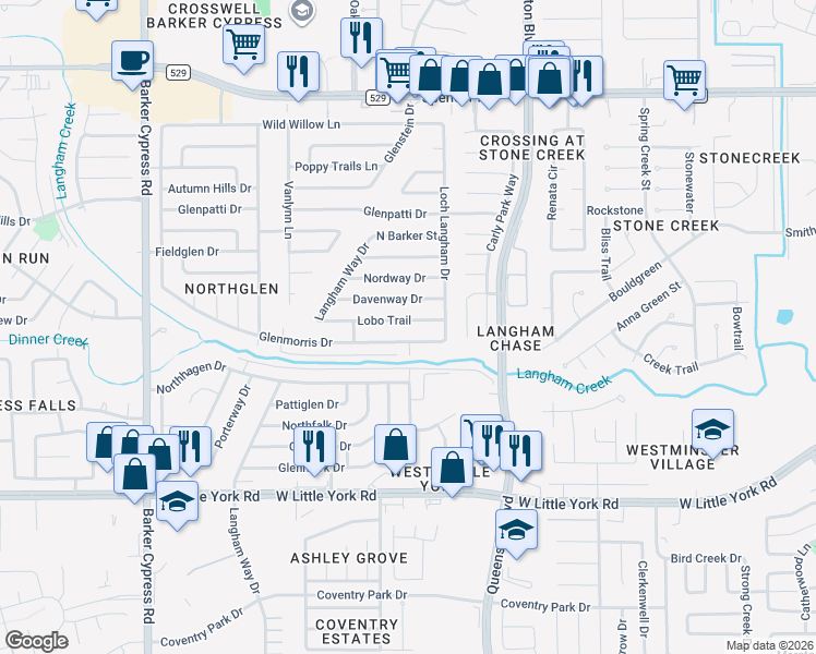 map of restaurants, bars, coffee shops, grocery stores, and more near 17403 Lobo Trail in Houston
