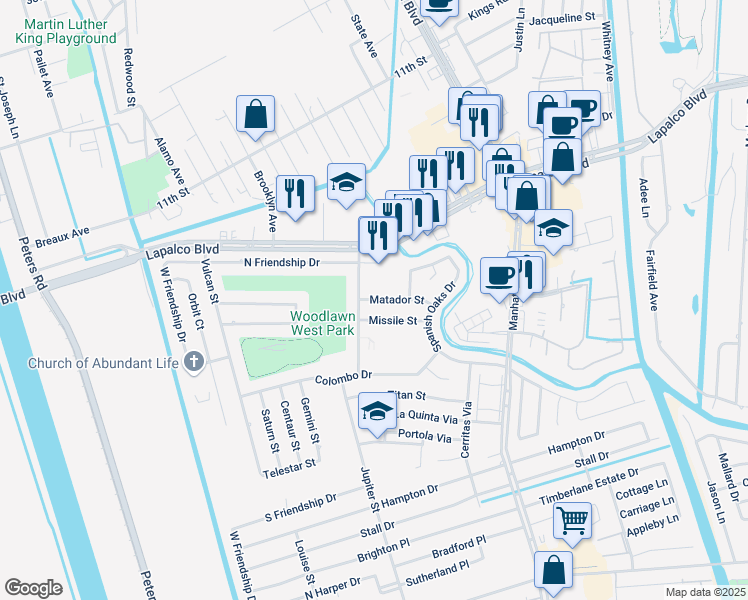 map of restaurants, bars, coffee shops, grocery stores, and more near 2149 Matador Street in Harvey