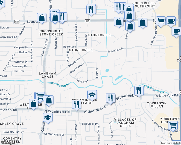 map of restaurants, bars, coffee shops, grocery stores, and more near 6427 Slate Stone Street in Houston