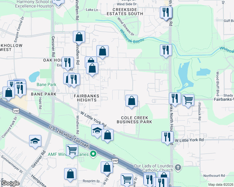 map of restaurants, bars, coffee shops, grocery stores, and more near 6935 Kamiah Court in Houston