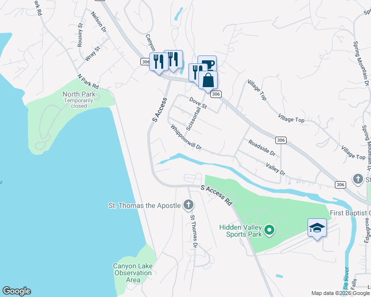 map of restaurants, bars, coffee shops, grocery stores, and more near 734 Whippoorwill Dr in Canyon Lake