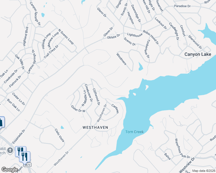 map of restaurants, bars, coffee shops, grocery stores, and more near 1513 Ensenada Drive in Canyon Lake