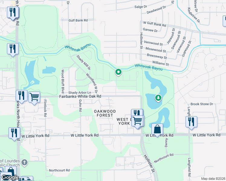 map of restaurants, bars, coffee shops, grocery stores, and more near 7906 Shady Arbor Lane in Houston
