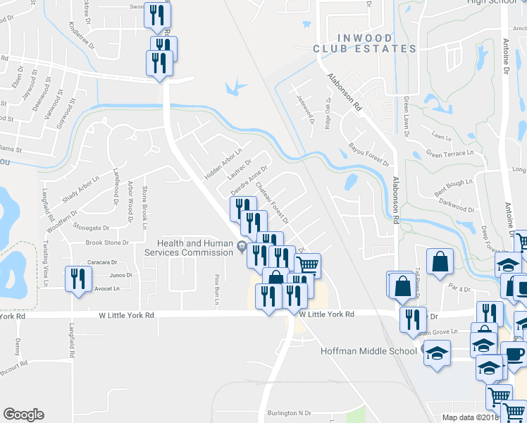 map of restaurants, bars, coffee shops, grocery stores, and more near 6415 Silver Chalice Drive in Houston