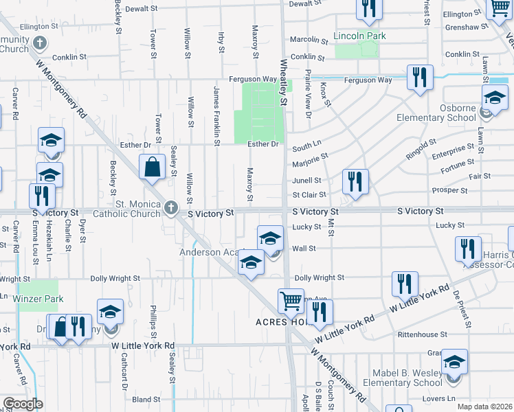 map of restaurants, bars, coffee shops, grocery stores, and more near 1202 South Victory Drive in Houston