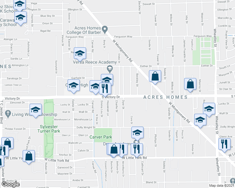 map of restaurants, bars, coffee shops, grocery stores, and more near 7711 Orebo Street in Houston