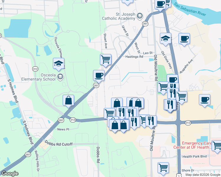 map of restaurants, bars, coffee shops, grocery stores, and more near 305 Las Olas Road in St. Augustine