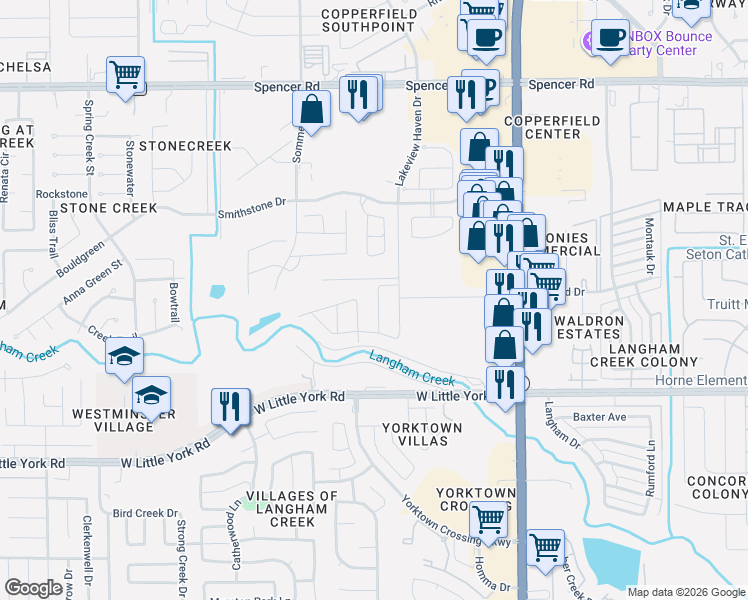 map of restaurants, bars, coffee shops, grocery stores, and more near 6833 Lakeview Haven Drive in Houston