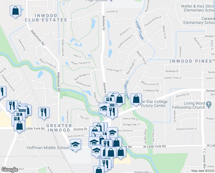 map of restaurants, bars, coffee shops, grocery stores, and more near 7434 Antoine Drive in Houston