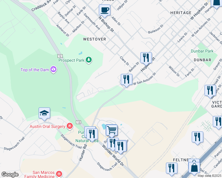 map of restaurants, bars, coffee shops, grocery stores, and more near 1718 Hofheinz Street in San Marcos
