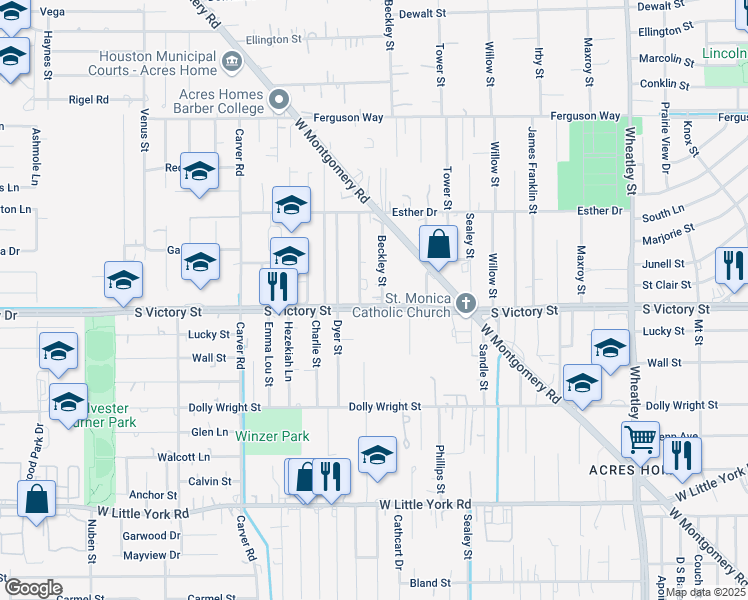 map of restaurants, bars, coffee shops, grocery stores, and more near 7705 Beckley Street in Houston