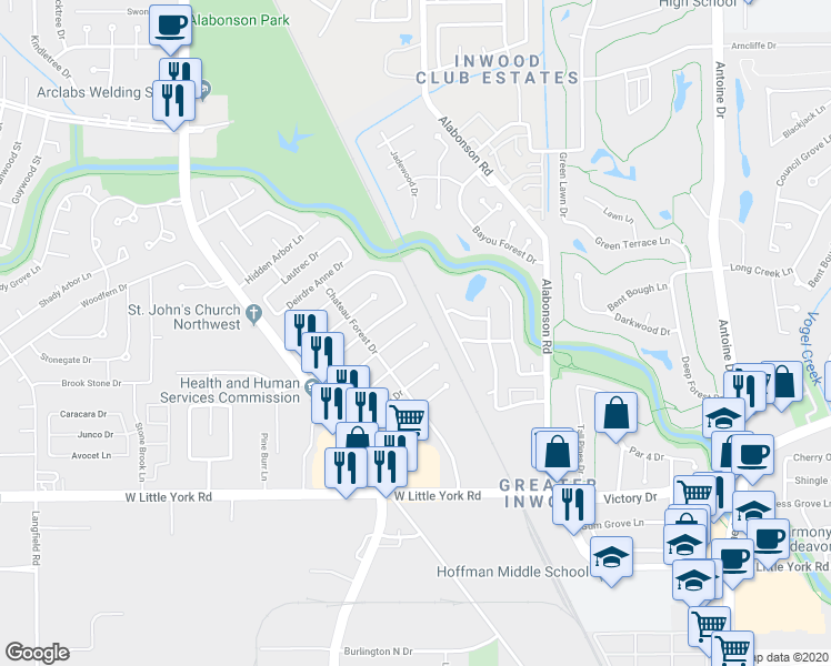 map of restaurants, bars, coffee shops, grocery stores, and more near 6315 Acorn Forest Drive in Houston