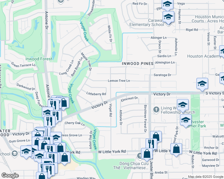 map of restaurants, bars, coffee shops, grocery stores, and more near 4035 Black Locust Drive in Houston