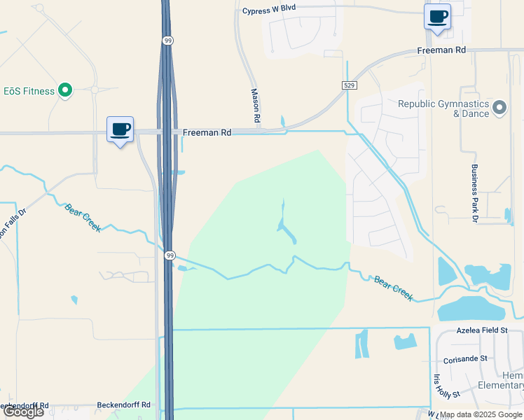 map of restaurants, bars, coffee shops, grocery stores, and more near Freeman Road in Cypress