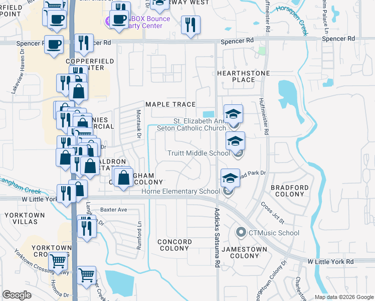 map of restaurants, bars, coffee shops, grocery stores, and more near 15114 Ringfield Drive in Houston