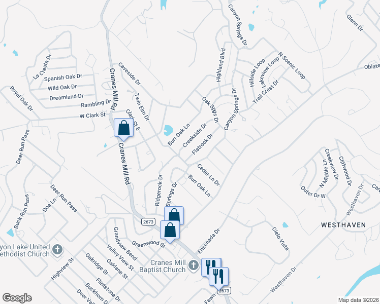 map of restaurants, bars, coffee shops, grocery stores, and more near 367 Flatrock Drive in Canyon Lake