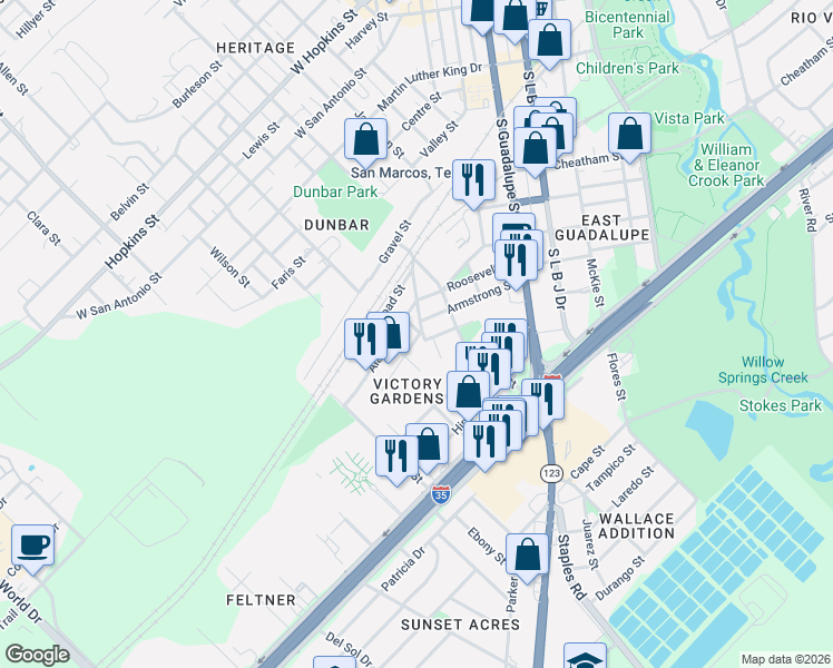 map of restaurants, bars, coffee shops, grocery stores, and more near 602 Georgia Street in San Marcos