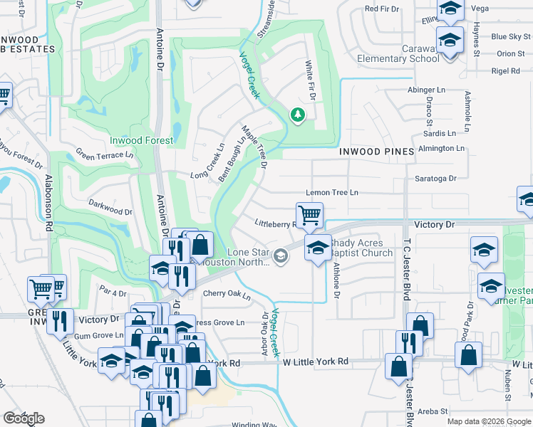map of restaurants, bars, coffee shops, grocery stores, and more near 4315 Black Locust Drive in Houston
